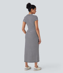 V Neck Stripe Midi Casual T-Shirt Dress
