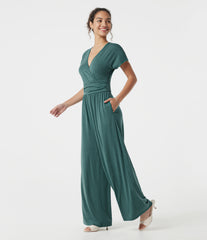 V Neck Batwing Sleeve Ruched Casual Jumpsuit with Pockets-Easy Peezy Edition
