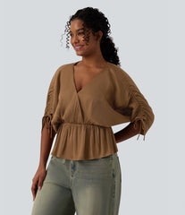 V neck Drawstring Batwing Sleeve Casual Blouse
