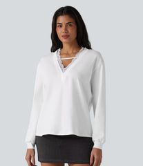 V-neck Contrast Lace Long Sleeve Casual Pima Cotton T-Shirt