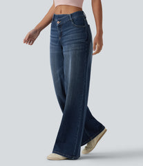 Halara Flex™ Asymmetric Mid Rise Wide Leg Casual Jeans with Pockets