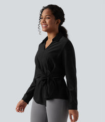 Collar Long Sleeve Tie Asymmetrical Hem Work Blouse