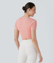 Ribbed Square Neck Short Sleeve Cropped Yoga Sports Top