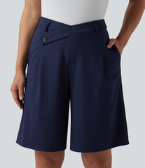 Asymmetric Mid Rise Waffle Work Bermuda Shorts 10'' with Pockets