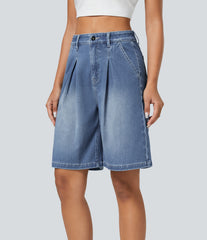 Halara Flex™ High Waisted Zipper Pockets Washed Denim Casual Bermuda Shorts