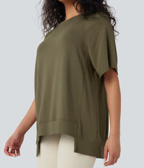 Round Neck Short Sleeve High Low Casual Top