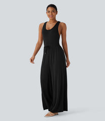 U Neck Racerback Drawstring Casual Jumpsuit with Pockets
