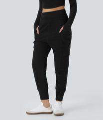 High Waisted Foldover Pocket Harem Fleece Casual Cargo Joggers