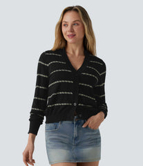 V Neck Long Sleeve Color Block Sweater Knit Cardigan