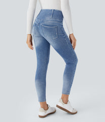 High Waisted Pockets Denim 7/8 Casual Leggings