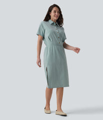 Short Sleeve 2-Piece Midi Work Linen-Feel Shirt Dress