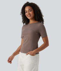 Ribbed Knit Boat Neck Short Sleeve Casual T-Shirt