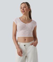 Sweetheart Neck Short Sleeve Lace Cropped Casual T-Shirt