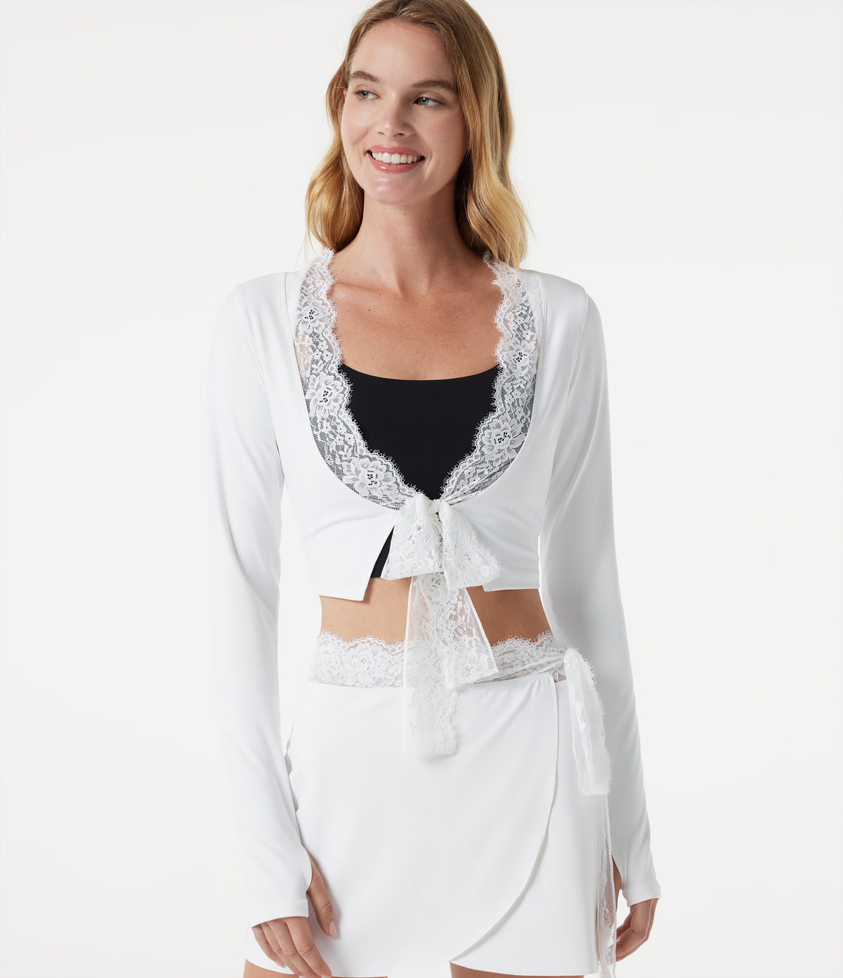 SoftlyZero™ Plush Long Sleeve Thumb Hole Tie Front Contrast Lace Cropped Yoga Sports Top