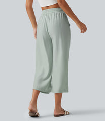 High Waisted Drawstring Wide Leg Cropped Casual Linen-Blend Pants with Pockets