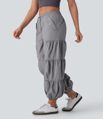 Mid Rise Drawstring Pocket Ruched Parachute Casual Cargo Baggy Joggers