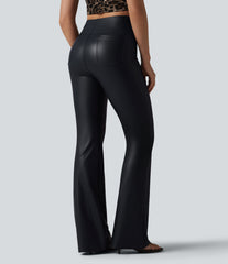 High Waisted Bootcut Stretchy PU Casual Pants with Pockets