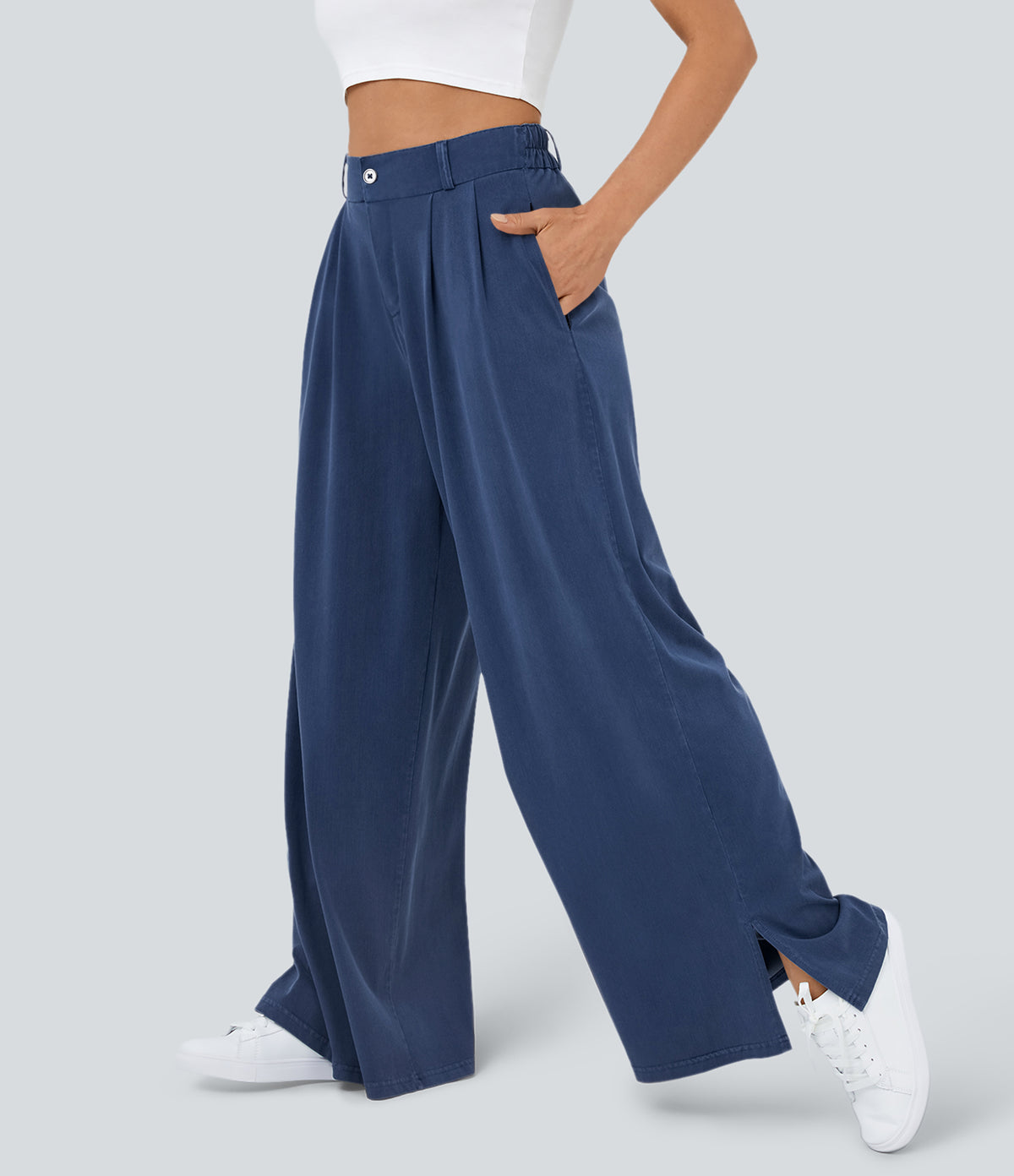 High Waisted Zipper Pocket Hem Wide Leg Casual Pants