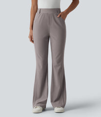 High Waisted Micro Waffle Casual Bootcut Pants with Pockets