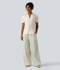 Collar Ruched Short Sleeve Curved Hem Linen-Feel Casual Shirt with Pockets