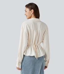 Wrinkle-Resistant V Neck Contrast Lace Long Sleeve Tie Back Twisted Work Shirt