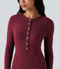 Ribbed Knit Henley Neck Long Sleeve Flowy Maxi Casual Dress