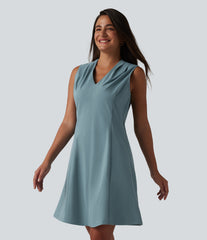 V-neck Sleeveless Pleated Invisible Zipper Mini A-line Stretchy Poplin Work Dress with Pockets
