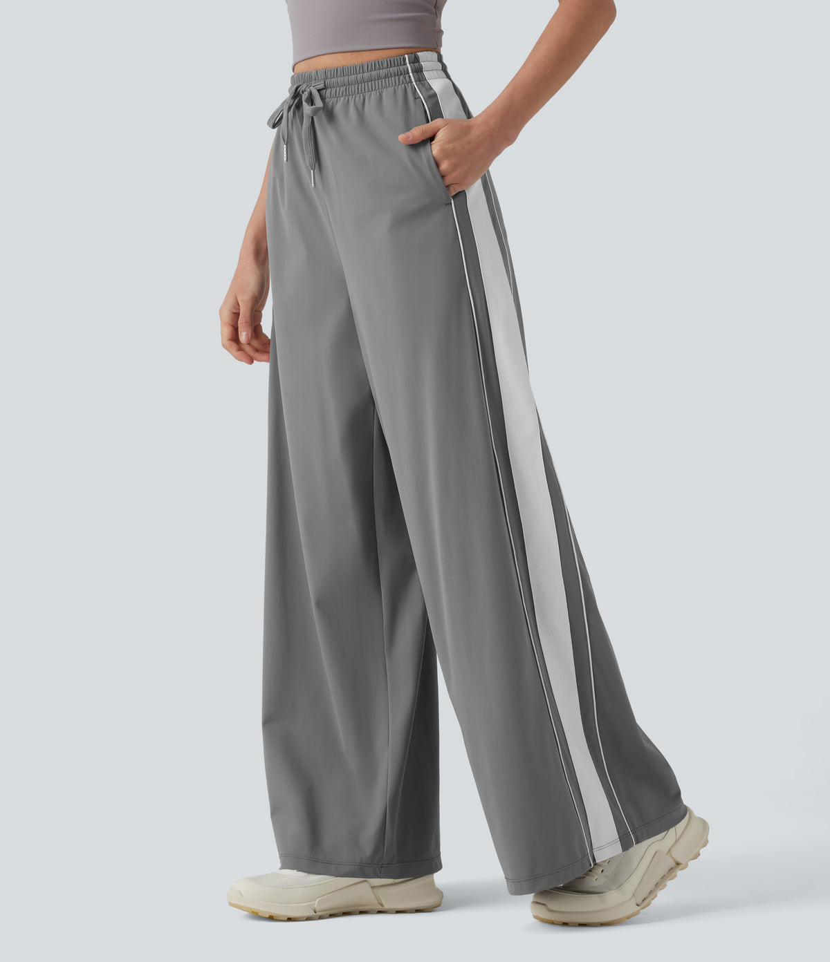 High Waisted Drawstring Wide Leg Stripe Quick Dry InstantCool Running Pants with Pockets-UPF40+