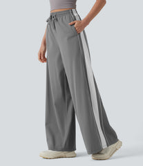 High Waisted Drawstring Wide Leg Stripe Quick Dry InstantCool Running Pants with Pockets-UPF40+
