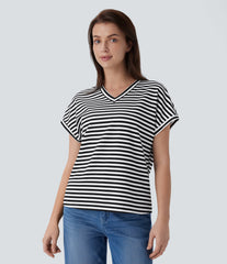 V Neck Stripe Waffle Relax Work Tee
