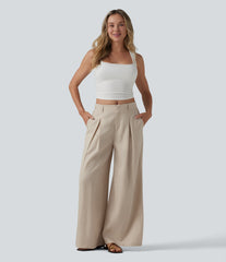 Mid Rise Pleated Lyocell Linen-Blend Casual Baggy Pants with Pockets