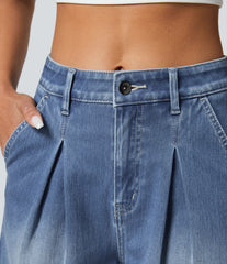 Halara Flex™ High Waisted Zipper Pockets Washed Denim Casual Bermuda Shorts