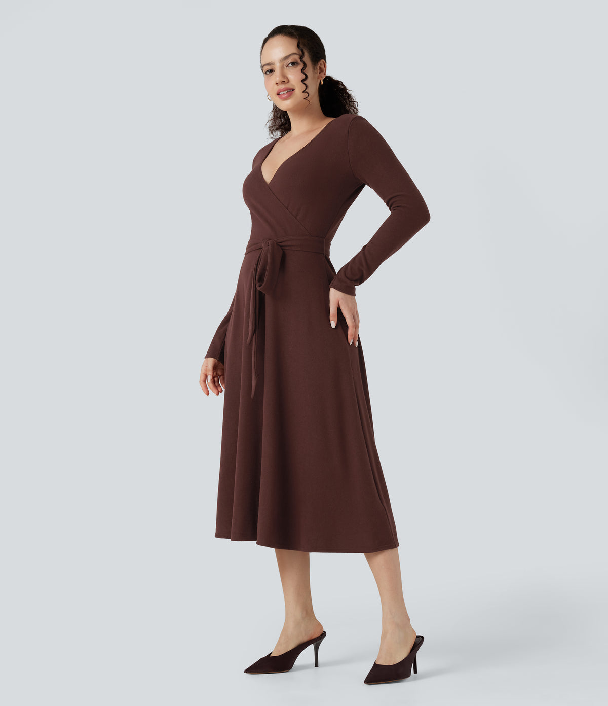 Ribbed Knit V-neck Long Sleeve Belted Midi Work Flowy Dress