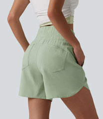 High Waisted Curved Hem Casual Stretch Linen Shorts 5'' with Pockets