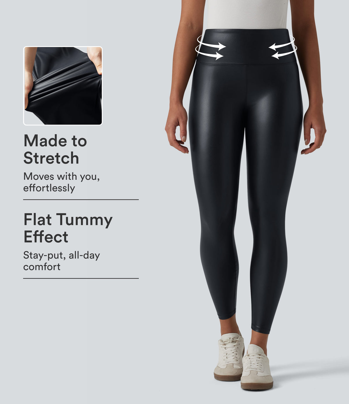 High Waisted Tummy Control Stretchy PU Casual 7/8 Leggings with Pockets