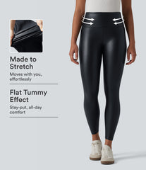 High Waisted Tummy Control Stretchy PU Casual 7/8 Leggings with Pockets