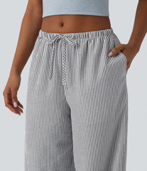 Low Rise Drawstring Stripes Linen-Feel Casual Baggy Pants with Pockets