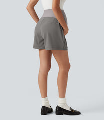 DayStretch Super High Waisted Ruched Work Bagyy Maternity Shorts 4'' with Pockets