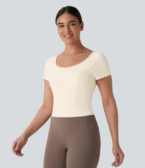 SoftlyZero™ Plush U Neck Short Sleeve Crossover Contrast Mesh Yoga Sports Top
