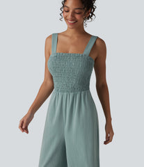 Square Neck Shirred Linen-Feel Jumpsuit-Easy Peezy Edition