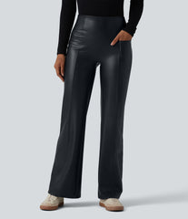 High Waisted Tummy Control Stretchy PU Casual Flare Pants with Pockets