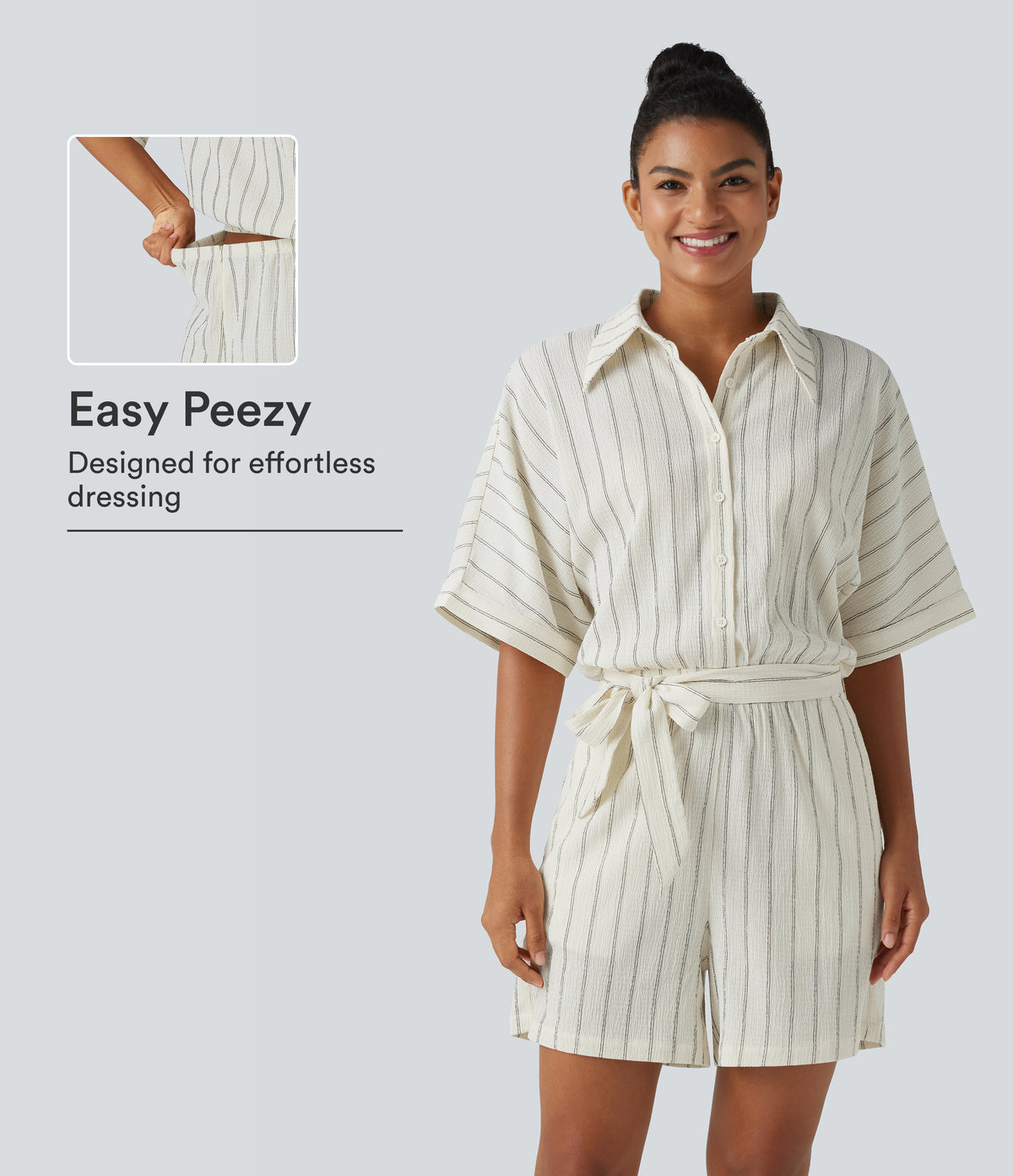 Collar Batwing Sleeve Tie Stripes Casual Romper with Pockets-Easy Peezy