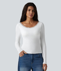 Ribbed Knit Scoop Neck U-back Long Sleeve Contrast Lace Built-in Bra Casual Top