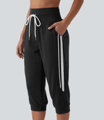 High Waisted Drawstring Stripe Capri Casual Joggers with Pockets