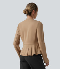 Round Neck Decorative Button Pleated Hem Work Blazer