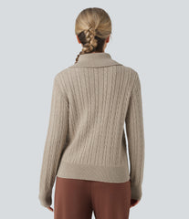 Lapel Long Sleeve Cable Knit Relaxed Fit Work Wool-Blend Sweater