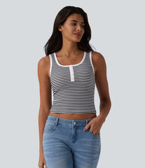 Ribbed Knit U-Neck Stripe Built-in Bra Casual Tank Top