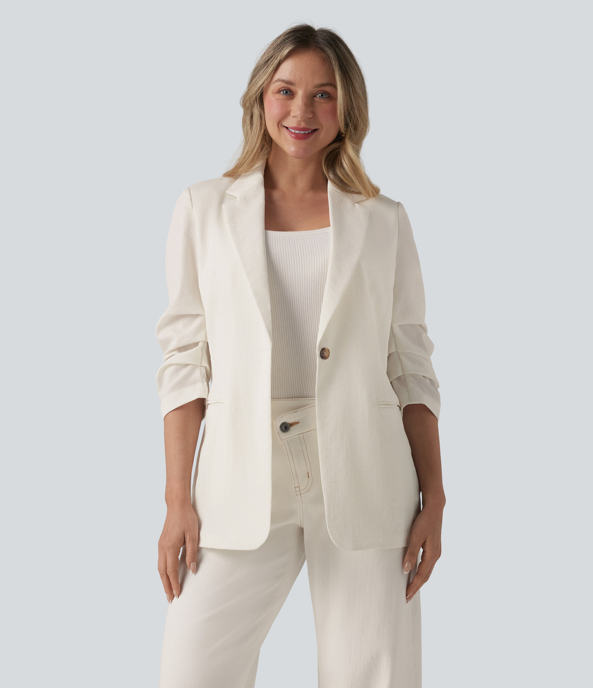 3/4 Sleeve Ruched Linen-Feel Work Blazer with Pockets