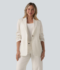 3/4 Sleeve Ruched Linen-Feel Work Blazer with Pockets