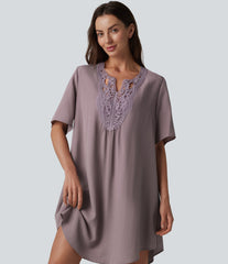 V-neck Short Sleeve Contrast Lace Mini Lyocell Casual Tunic Dress